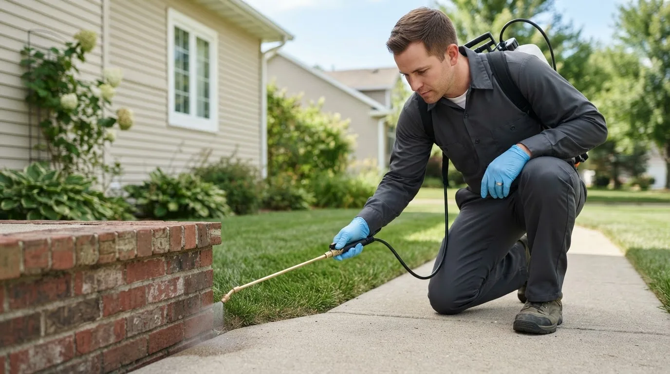 Pest control technician treating a home near Magnolia, IA