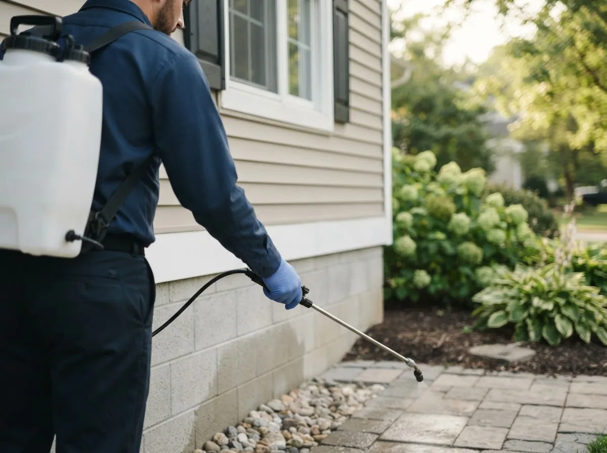 Pest control technician inspecting a home in Magnolia, IA
